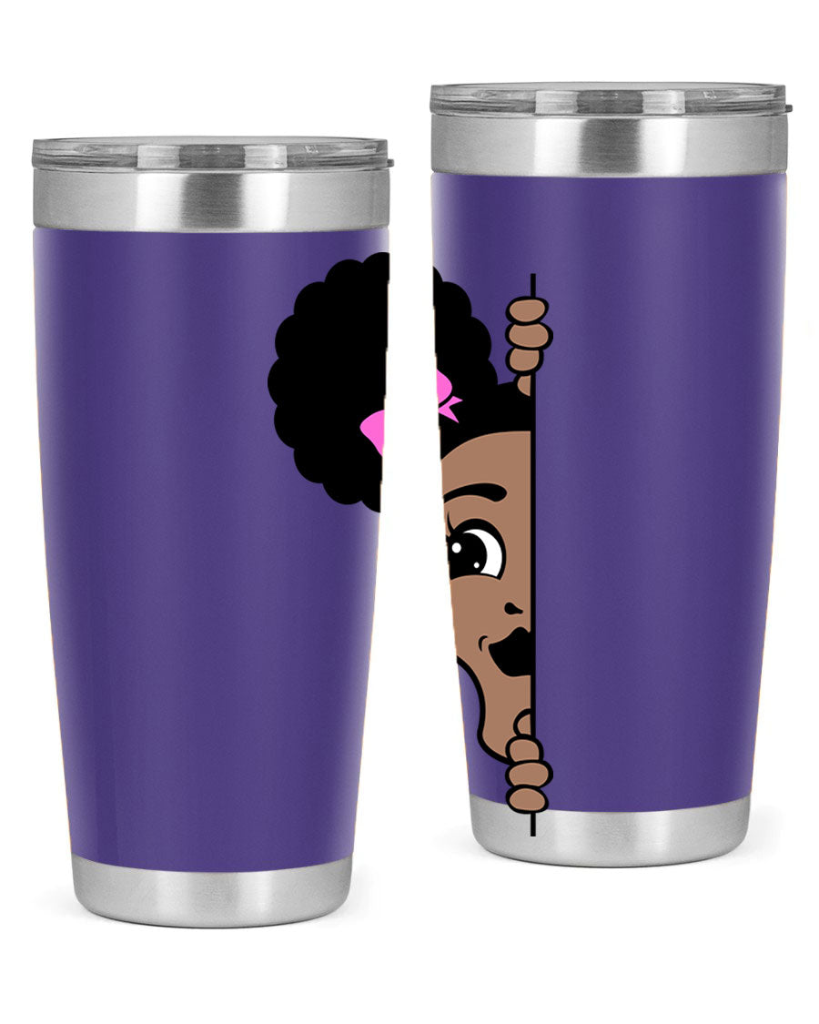 Afro Puffs Girl Peekaboo 83# Tumbler showcasing vibrant design and stainless steel construction.