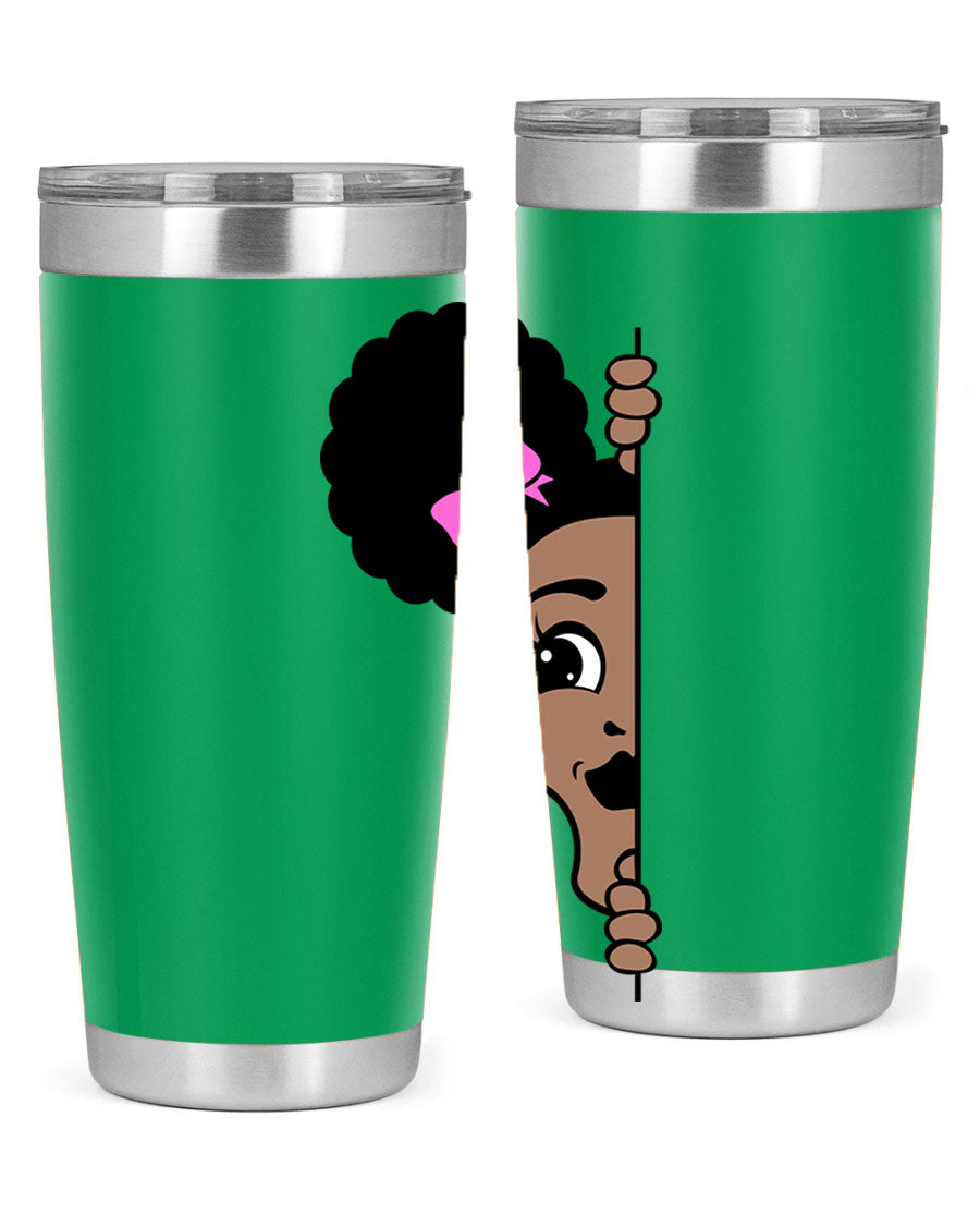 Afro Puffs Girl Peekaboo 83# Tumbler showcasing vibrant design and stainless steel construction.