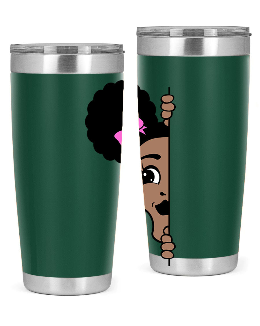 Afro Puffs Girl Peekaboo 83# Tumbler showcasing vibrant design and stainless steel construction.