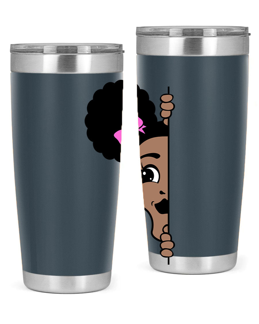 Afro Puffs Girl Peekaboo 83# Tumbler showcasing vibrant design and stainless steel construction.