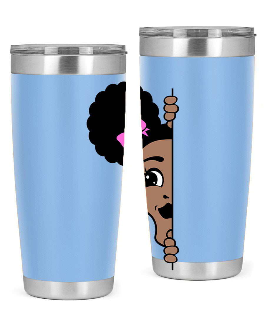 Afro Puffs Girl Peekaboo 83# Tumbler showcasing vibrant design and stainless steel construction.