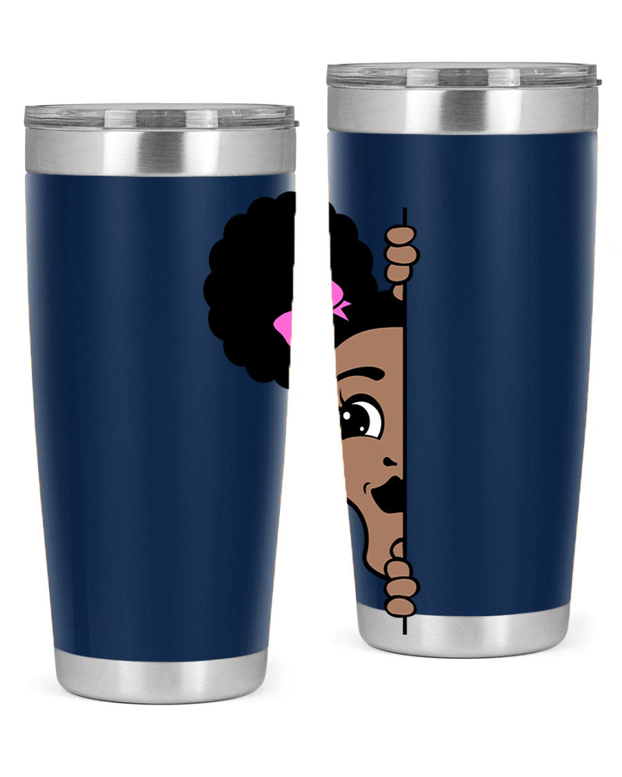 Afro Puffs Girl Peekaboo 83# Tumbler showcasing vibrant design and stainless steel construction.