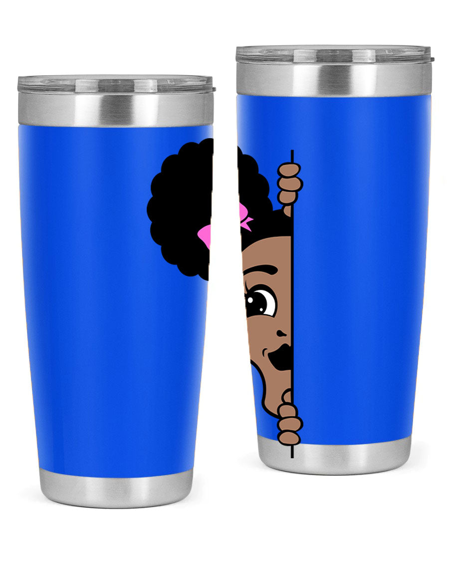 Afro Puffs Girl Peekaboo 83# Tumbler showcasing vibrant design and stainless steel construction.