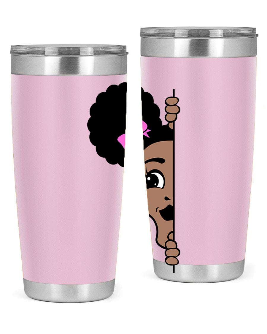 Afro Puffs Girl Peekaboo 83# Tumbler showcasing vibrant design and stainless steel construction.