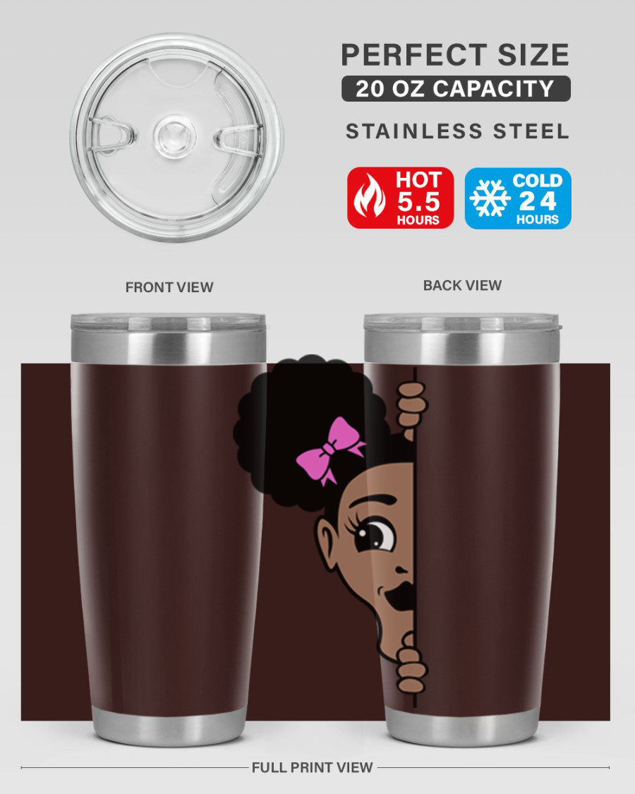 Afro Puffs Girl Peekaboo 83# Tumbler showcasing vibrant design and stainless steel construction.