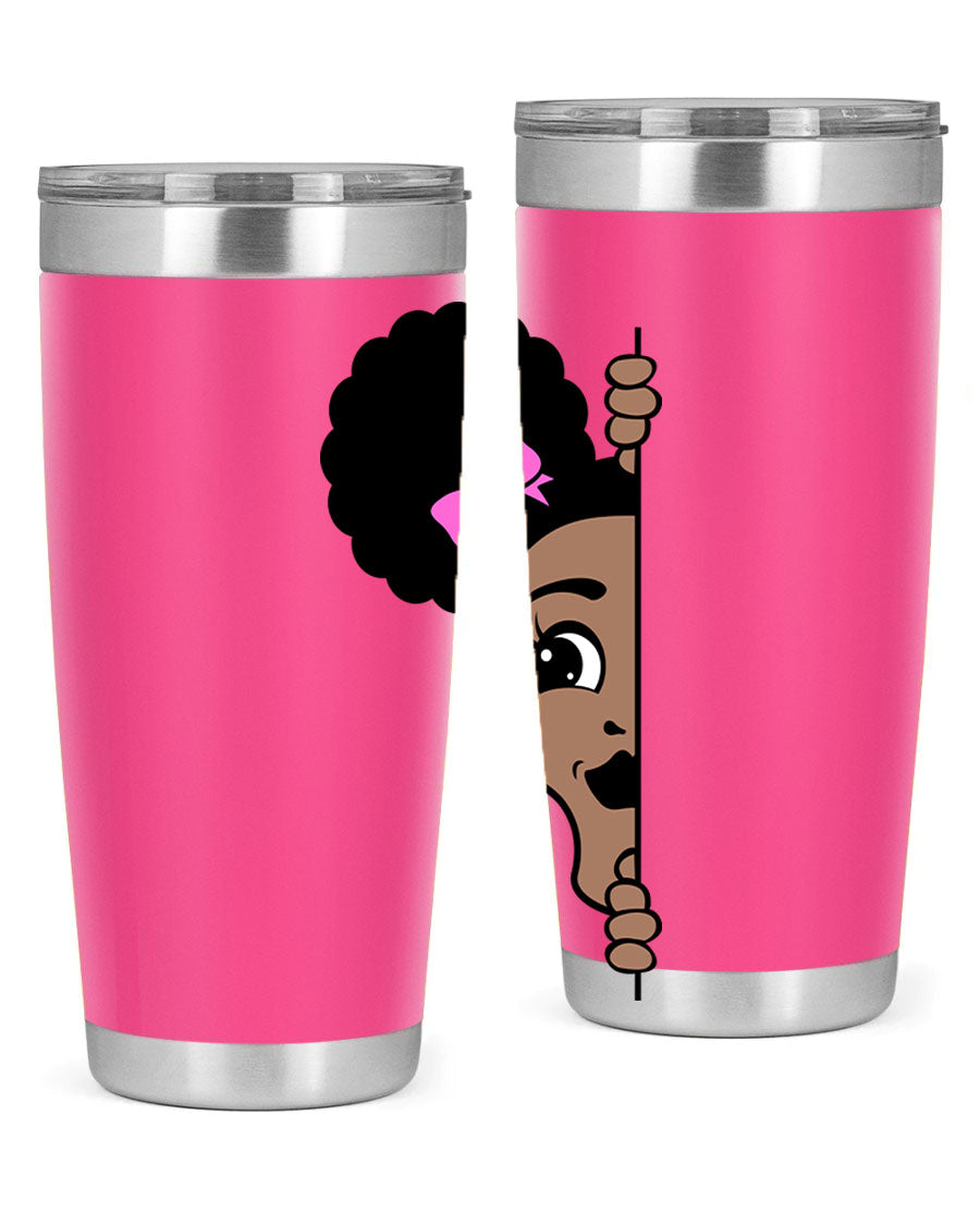 Afro Puffs Girl Peekaboo 83# Tumbler showcasing vibrant design and stainless steel construction.