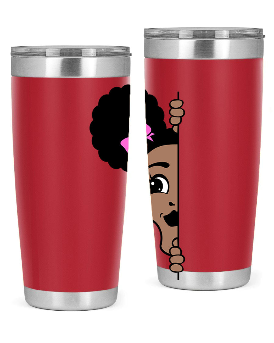 Afro Puffs Girl Peekaboo 83# Tumbler showcasing vibrant design and stainless steel construction.