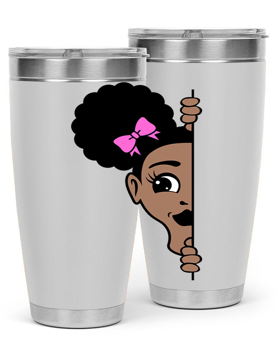 Afro Puffs Girl Peekaboo 83# Tumbler showcasing vibrant design and stainless steel construction.