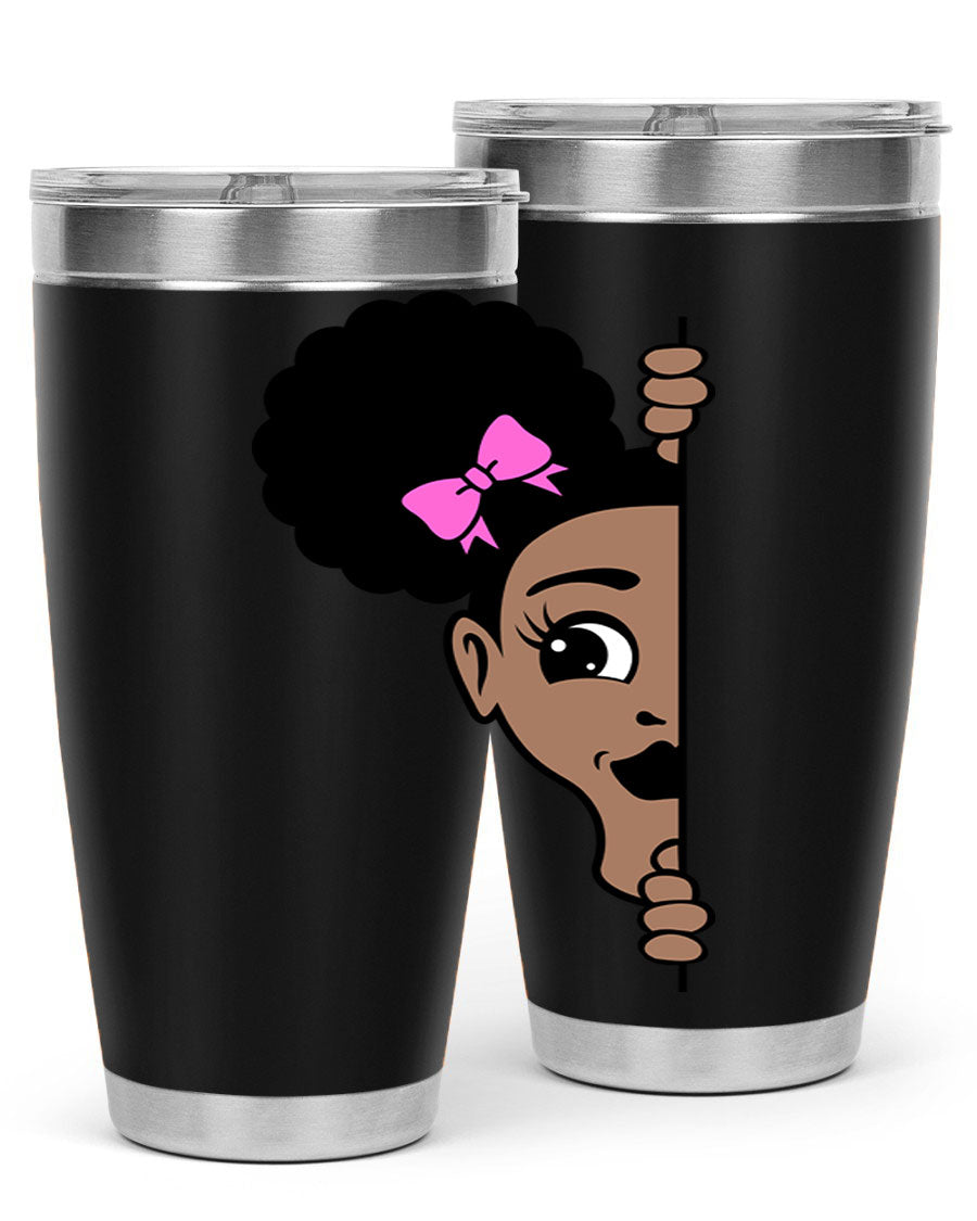 Afro Puffs Girl Peekaboo 83# Tumbler showcasing vibrant design and stainless steel construction.