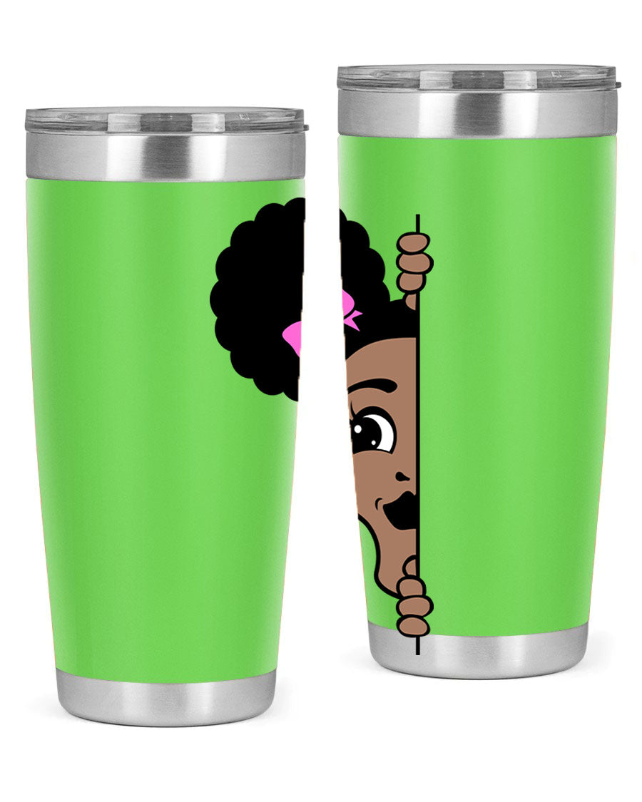 Afro Puffs Girl Peekaboo 83# Tumbler showcasing vibrant design and stainless steel construction.