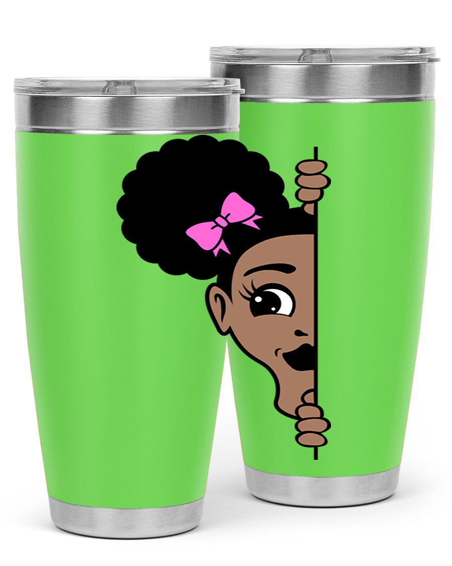 Afro Puffs Girl Peekaboo 83# Tumbler showcasing vibrant design and stainless steel construction.