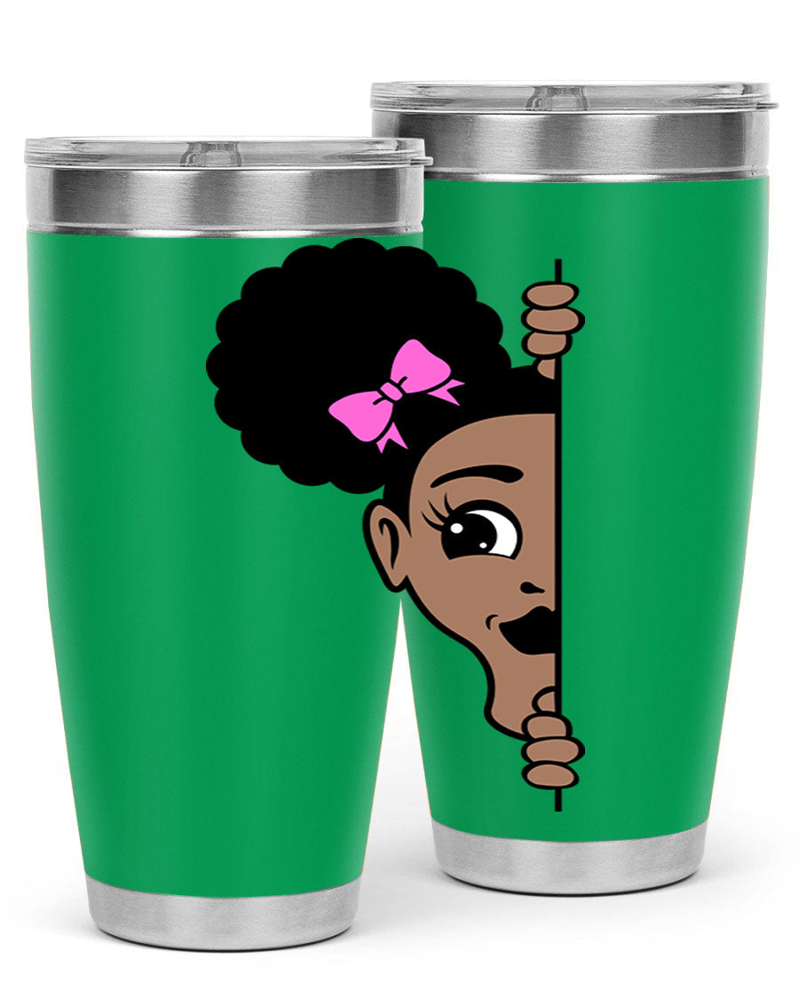 Afro Puffs Girl Peekaboo 83# Tumbler showcasing vibrant design and stainless steel construction.