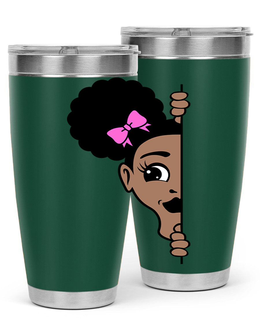 Afro Puffs Girl Peekaboo 83# Tumbler showcasing vibrant design and stainless steel construction.
