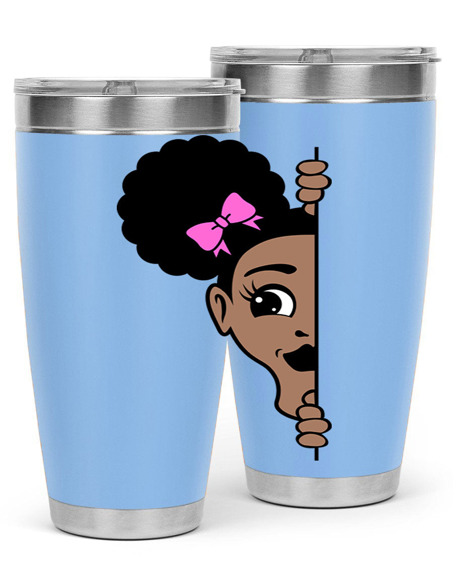 Afro Puffs Girl Peekaboo 83# Tumbler showcasing vibrant design and stainless steel construction.