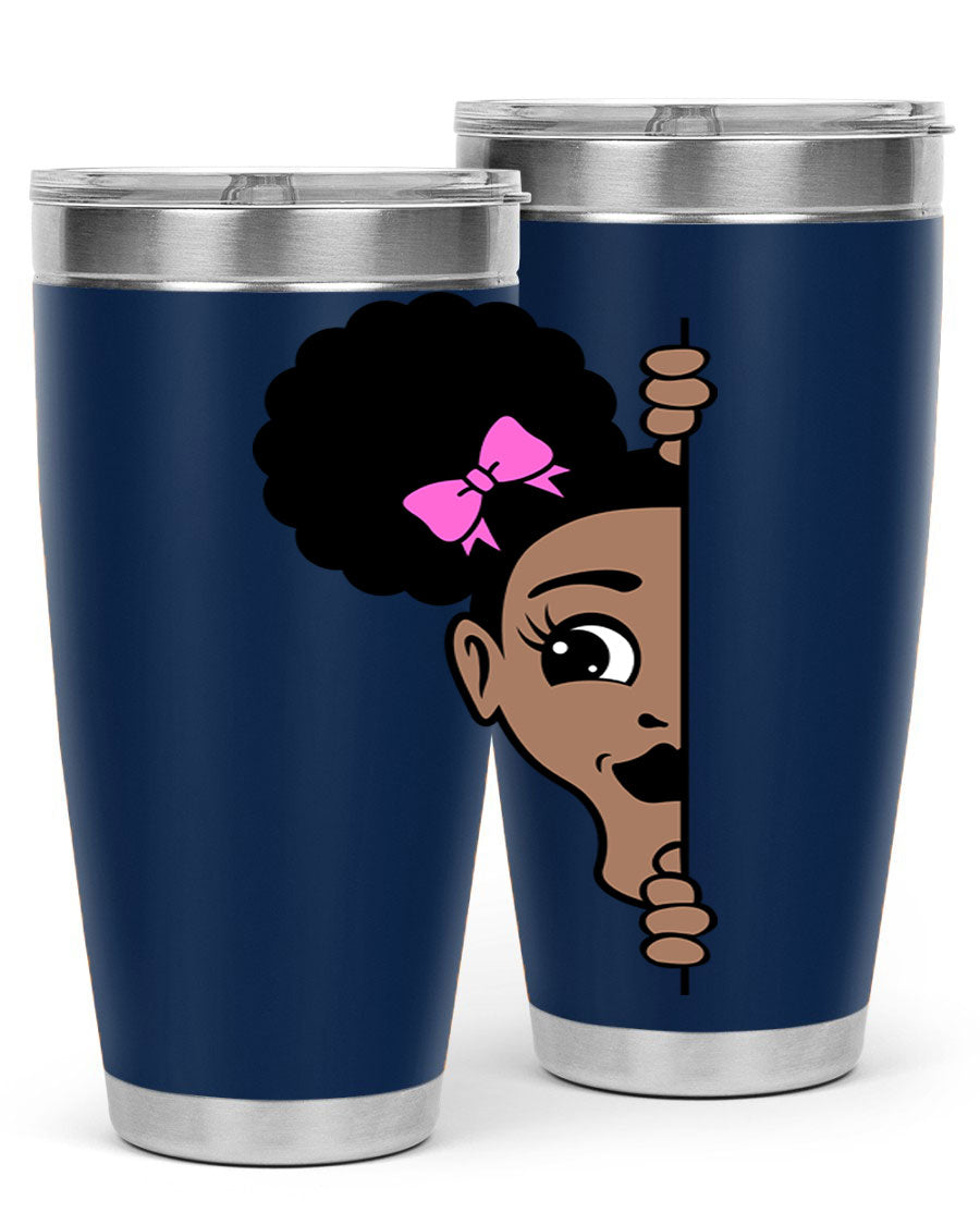 Afro Puffs Girl Peekaboo 83# Tumbler showcasing vibrant design and stainless steel construction.