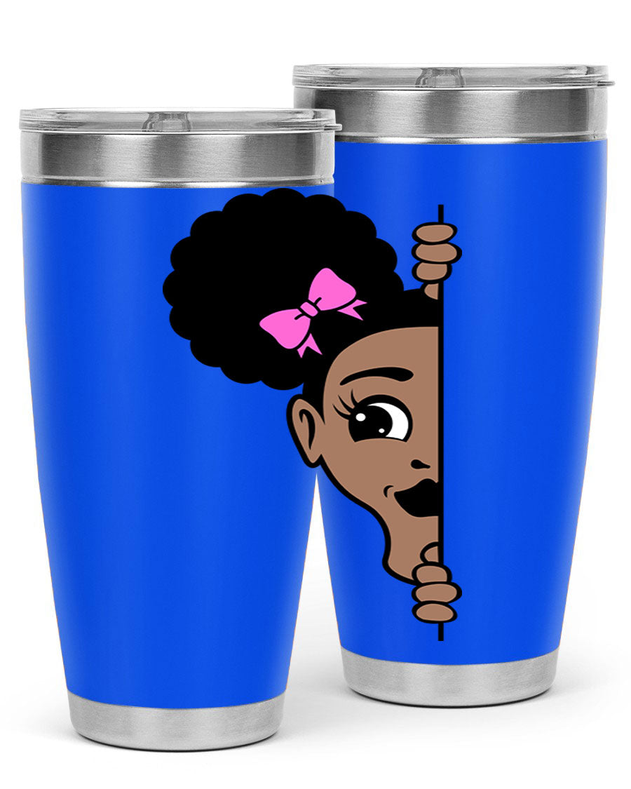 Afro Puffs Girl Peekaboo 83# Tumbler showcasing vibrant design and stainless steel construction.