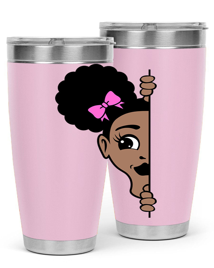 Afro Puffs Girl Peekaboo 83# Tumbler showcasing vibrant design and stainless steel construction.