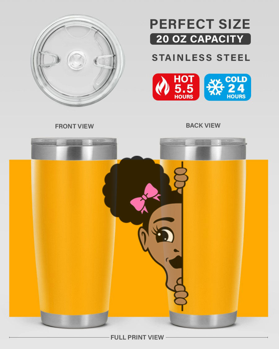 Afro Puffs Girl Peekaboo 83# Tumbler showcasing vibrant design and stainless steel construction.