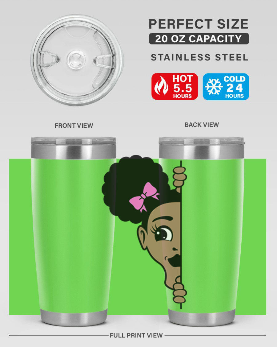 Afro Puffs Girl Peekaboo 83# Tumbler showcasing vibrant design and stainless steel construction.