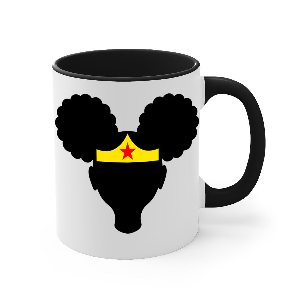 Afro Puffs Girl Wonder Woman Mug featuring a two-tone design with a colored handle and interior, perfect for coffee and tea.