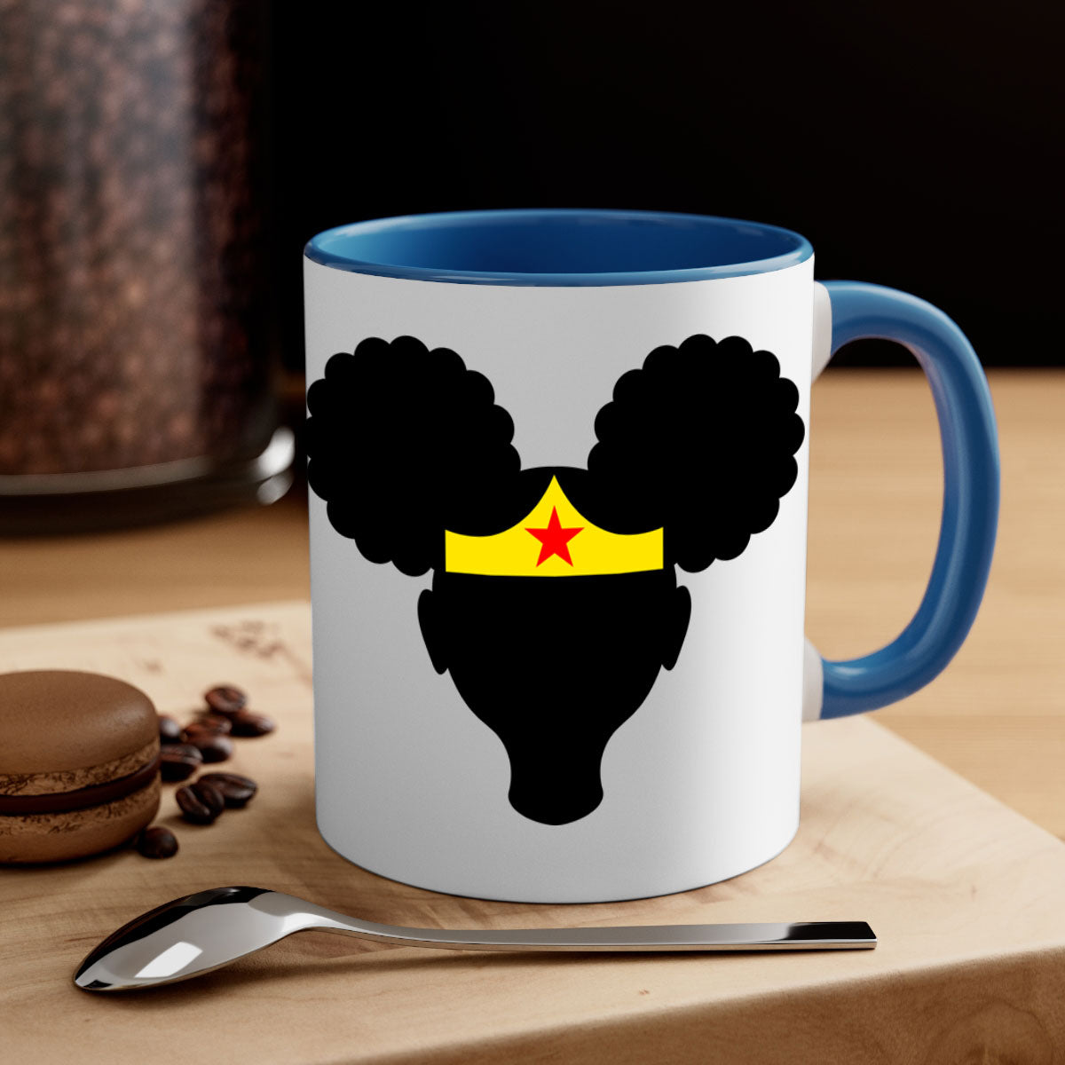 Afro Puffs Girl Wonder Woman Mug featuring a two-tone design with a colored handle and interior, perfect for coffee and tea.