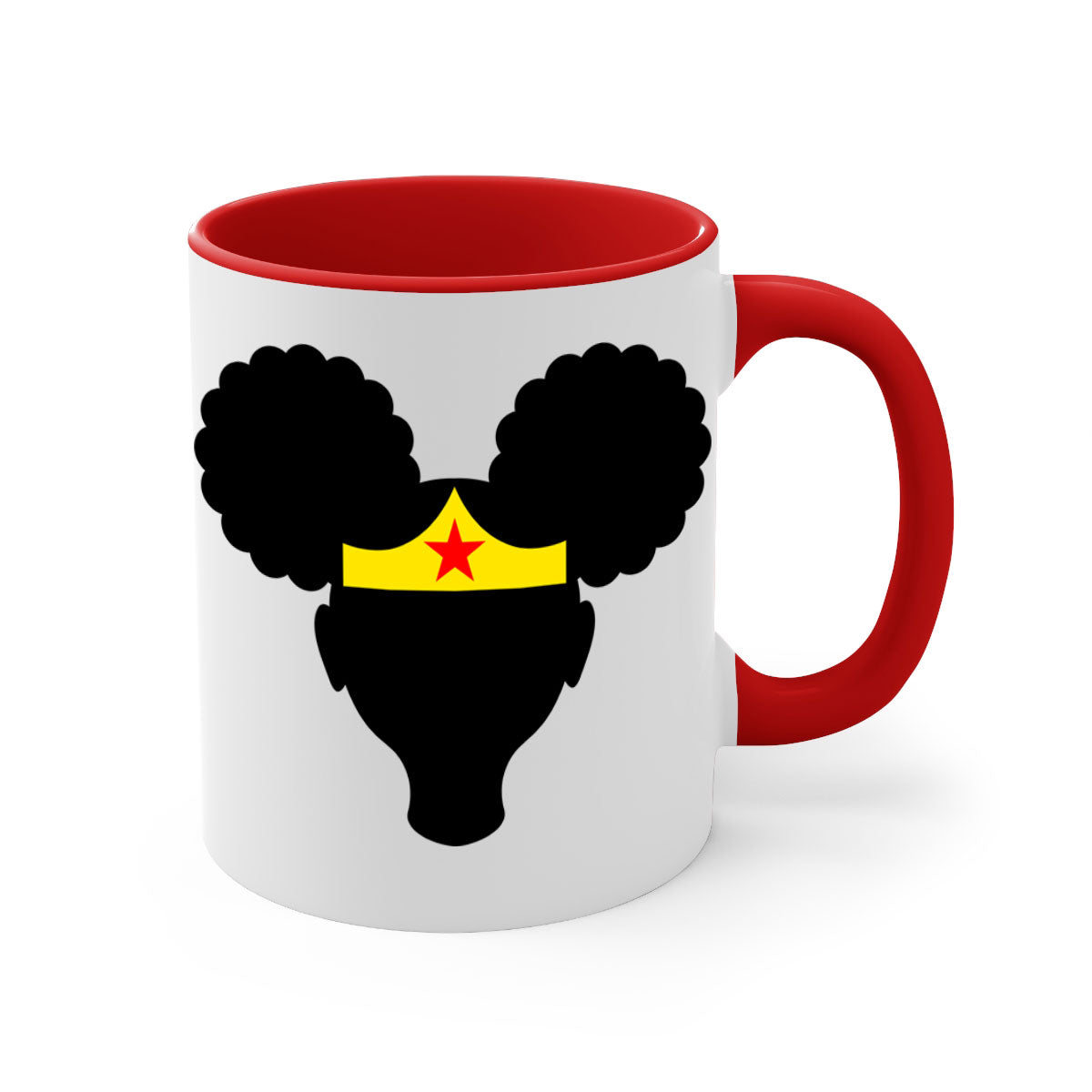 Afro Puffs Girl Wonder Woman Mug featuring a two-tone design with a colored handle and interior, perfect for coffee and tea.