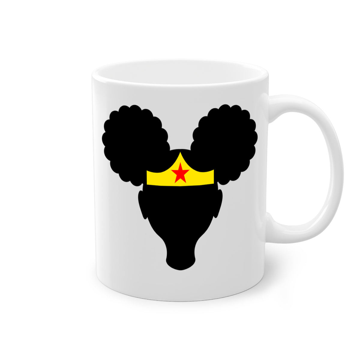 Afro Puffs Girl Wonder Woman Mug featuring a two-tone design with a colored handle and interior, perfect for coffee and tea.