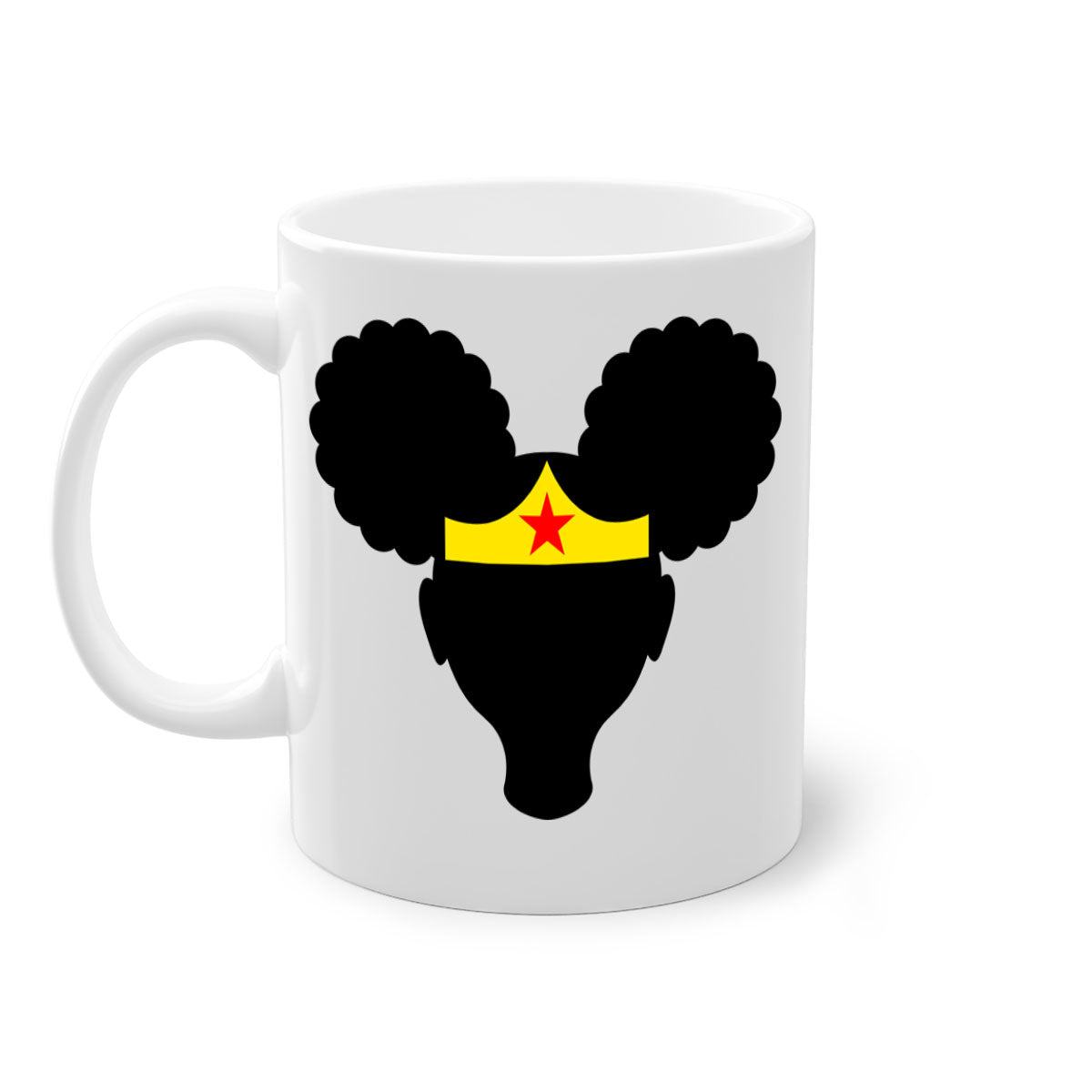 Afro Puffs Girl Wonder Woman Mug featuring a two-tone design with a colored handle and interior, perfect for coffee and tea.