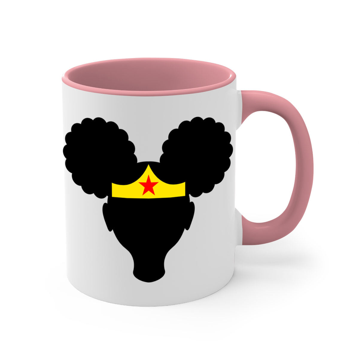 Afro Puffs Girl Wonder Woman Mug featuring a two-tone design with a colored handle and interior, perfect for coffee and tea.
