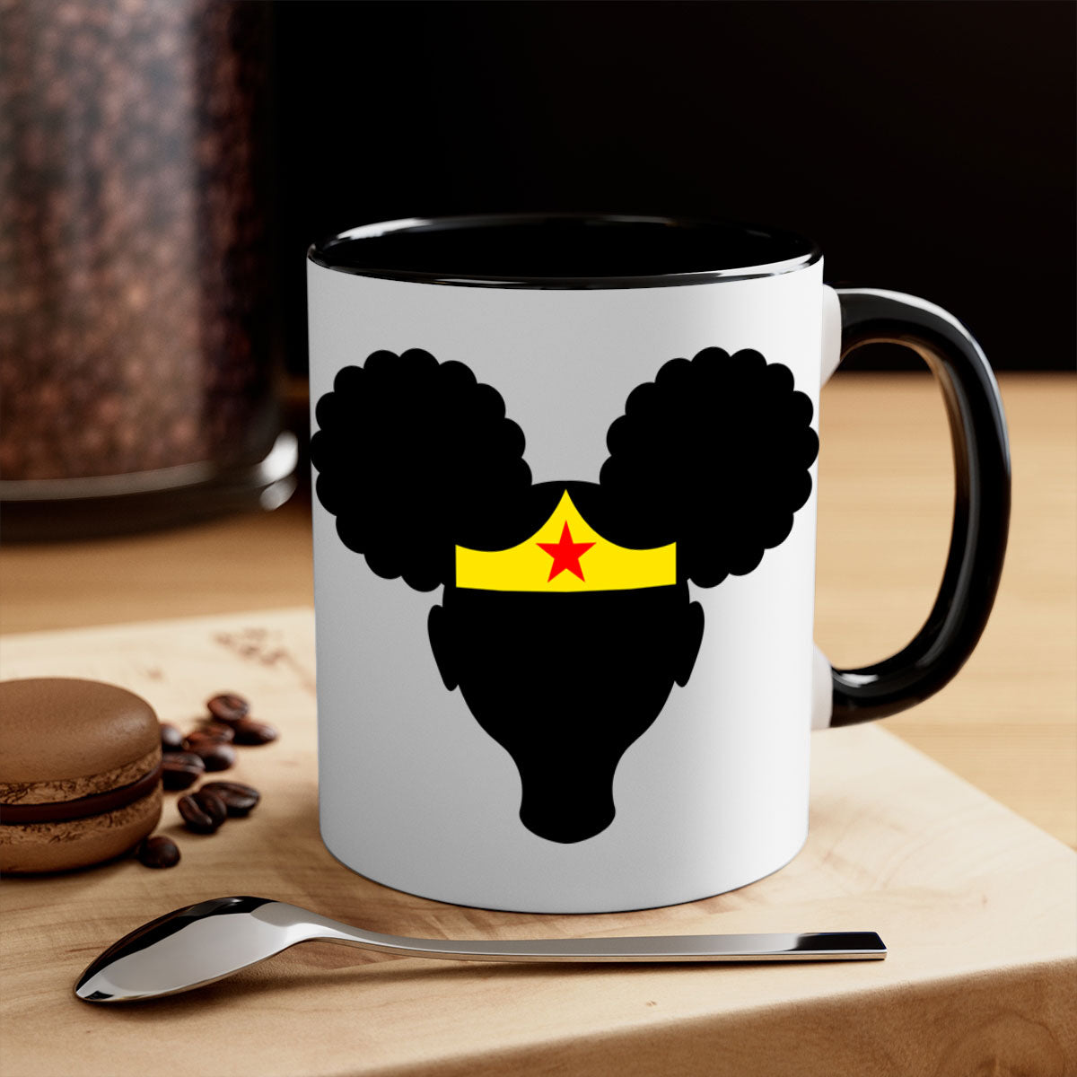 Afro Puffs Girl Wonder Woman Mug featuring a two-tone design with a colored handle and interior, perfect for coffee and tea.