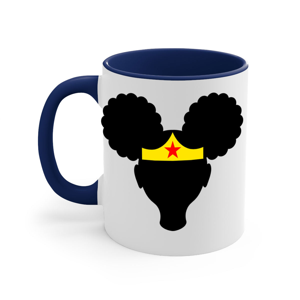 Afro Puffs Girl Wonder Woman Mug featuring a two-tone design with a colored handle and interior, perfect for coffee and tea.