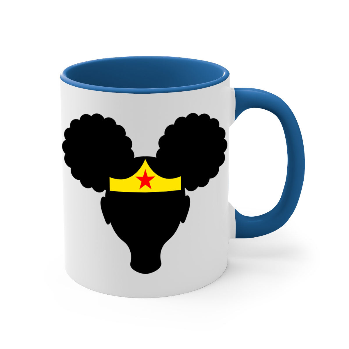 Afro Puffs Girl Wonder Woman Mug featuring a two-tone design with a colored handle and interior, perfect for coffee and tea.