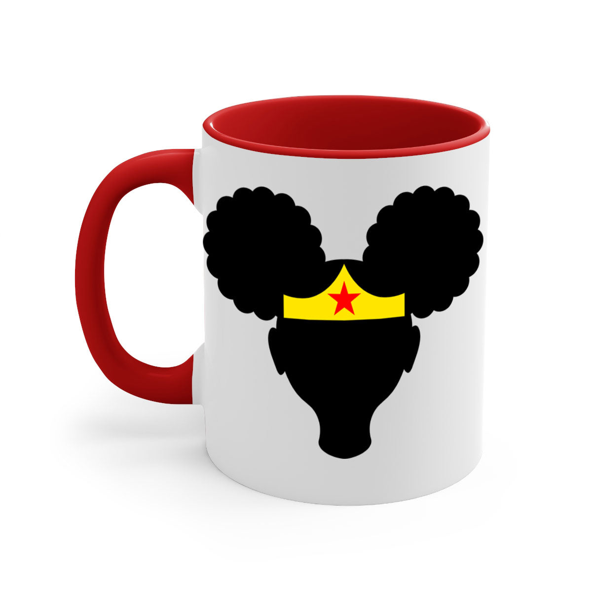 Afro Puffs Girl Wonder Woman Mug featuring a two-tone design with a colored handle and interior, perfect for coffee and tea.