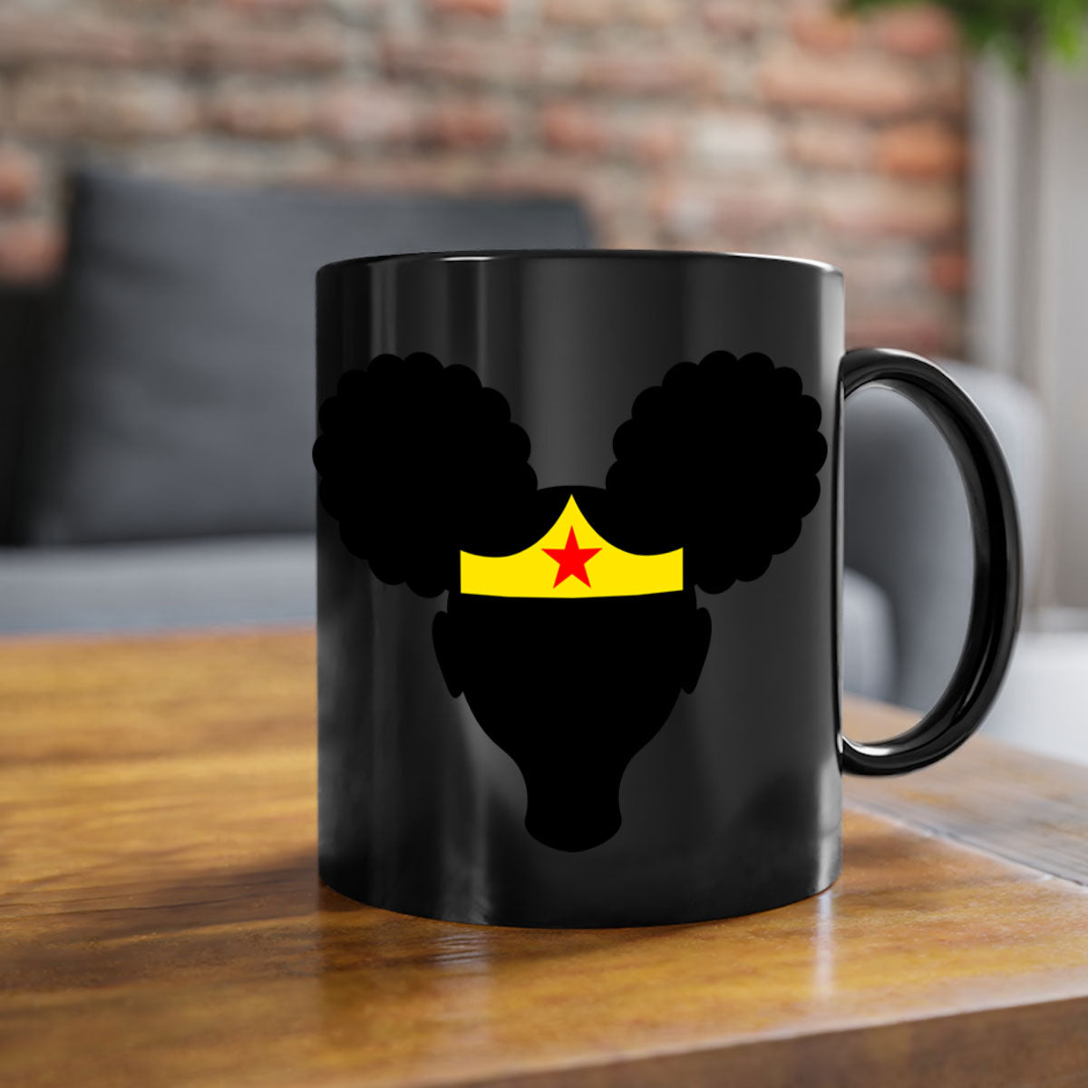 Afro Puffs Girl Wonder Woman Mug featuring a two-tone design with a colored handle and interior, perfect for coffee and tea.