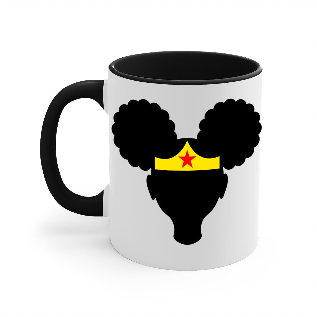 Afro Puffs Girl Wonder Woman Mug featuring a two-tone design with a colored handle and interior, perfect for coffee and tea.