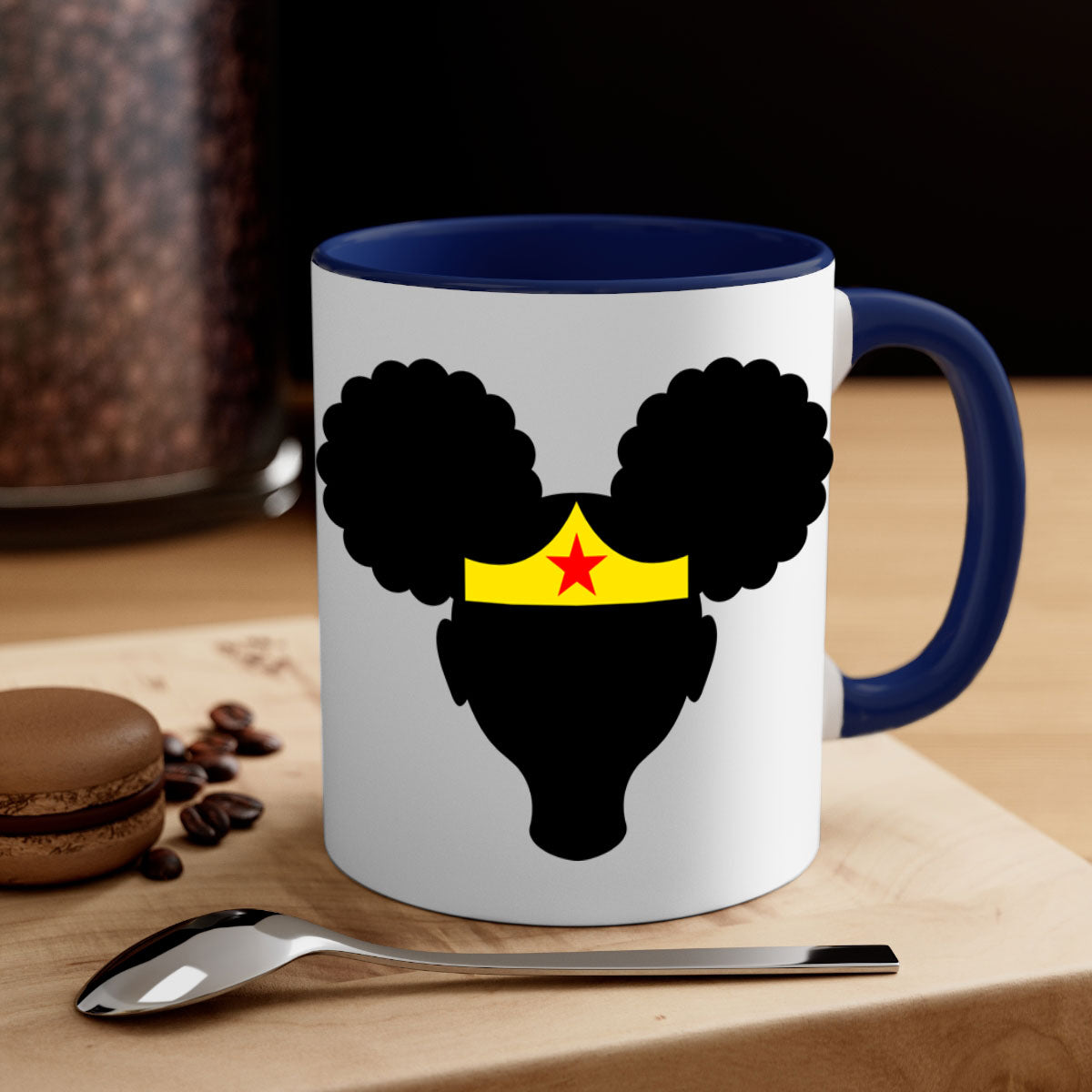 Afro Puffs Girl Wonder Woman Mug featuring a two-tone design with a colored handle and interior, perfect for coffee and tea.