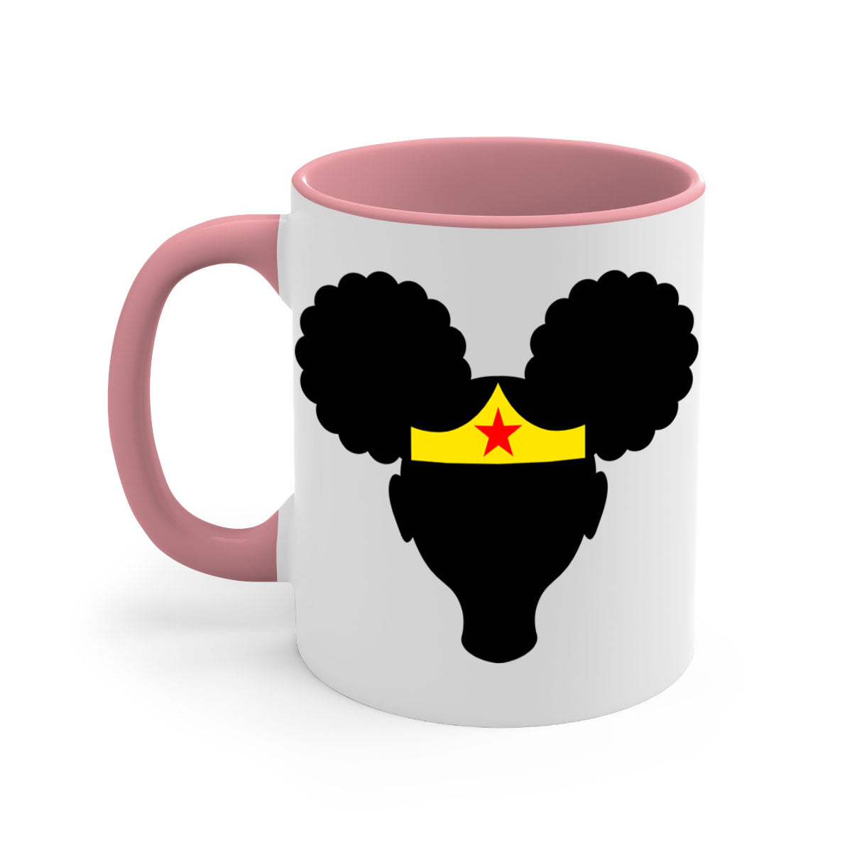 Afro Puffs Girl Wonder Woman Mug featuring a two-tone design with a colored handle and interior, perfect for coffee and tea.