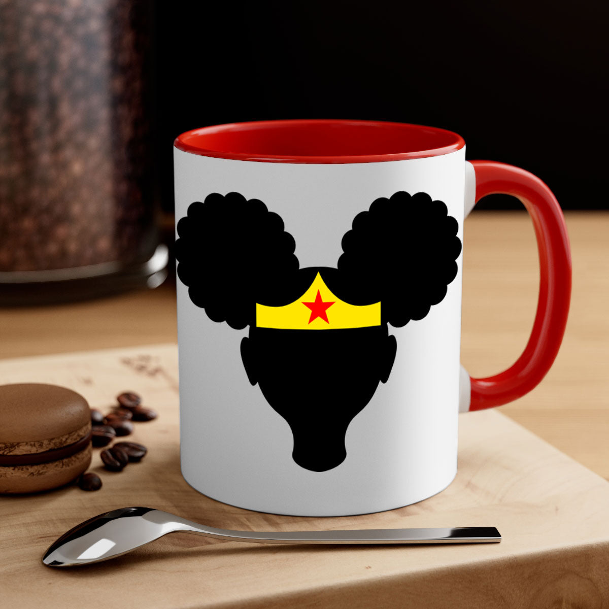 Afro Puffs Girl Wonder Woman Mug featuring a two-tone design with a colored handle and interior, perfect for coffee and tea.