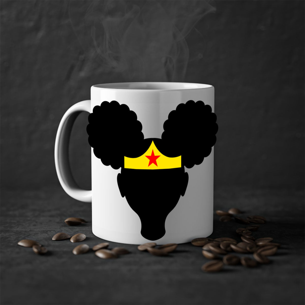 Afro Puffs Girl Wonder Woman Mug featuring a two-tone design with a colored handle and interior, perfect for coffee and tea.