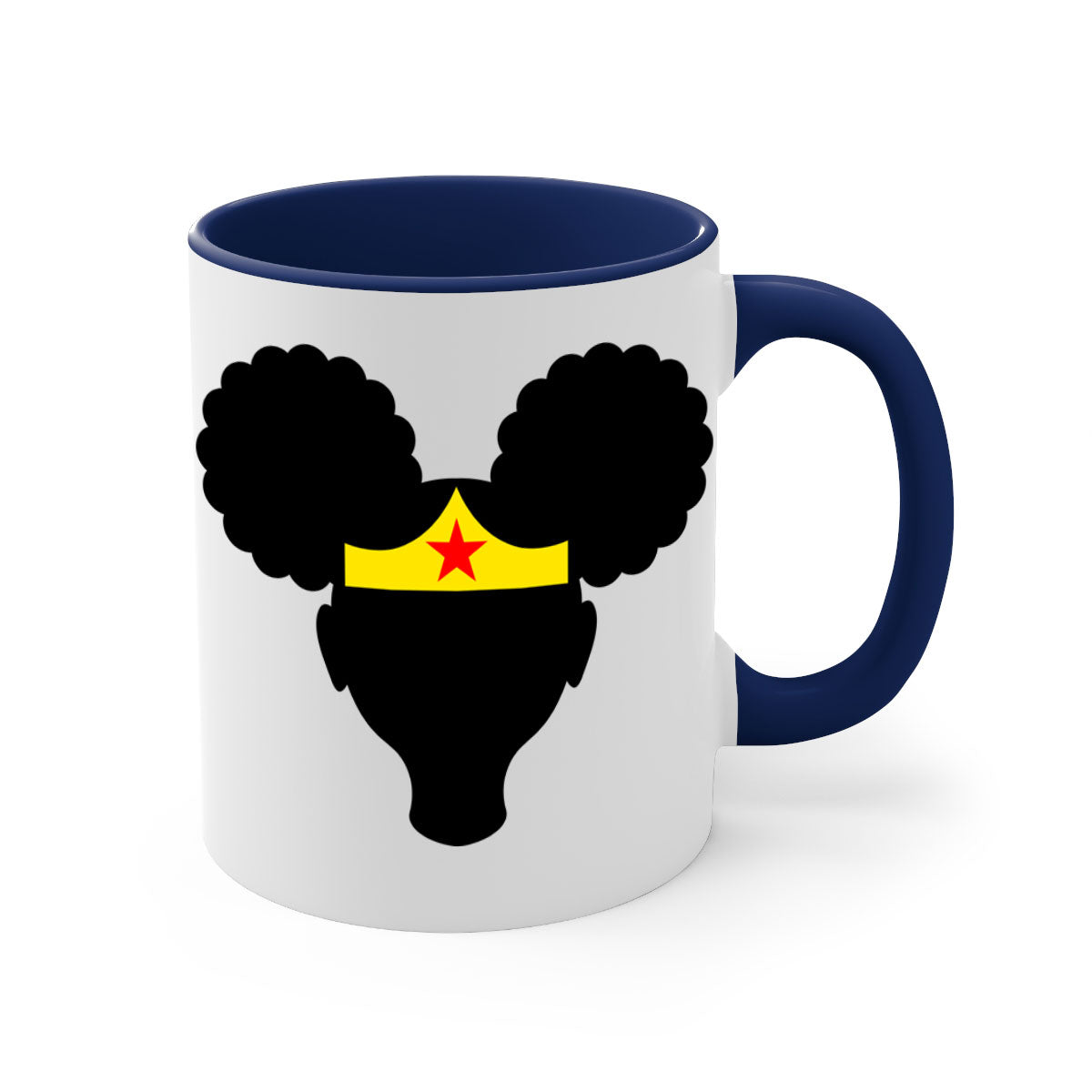 Afro Puffs Girl Wonder Woman Mug featuring a two-tone design with a colored handle and interior, perfect for coffee and tea.
