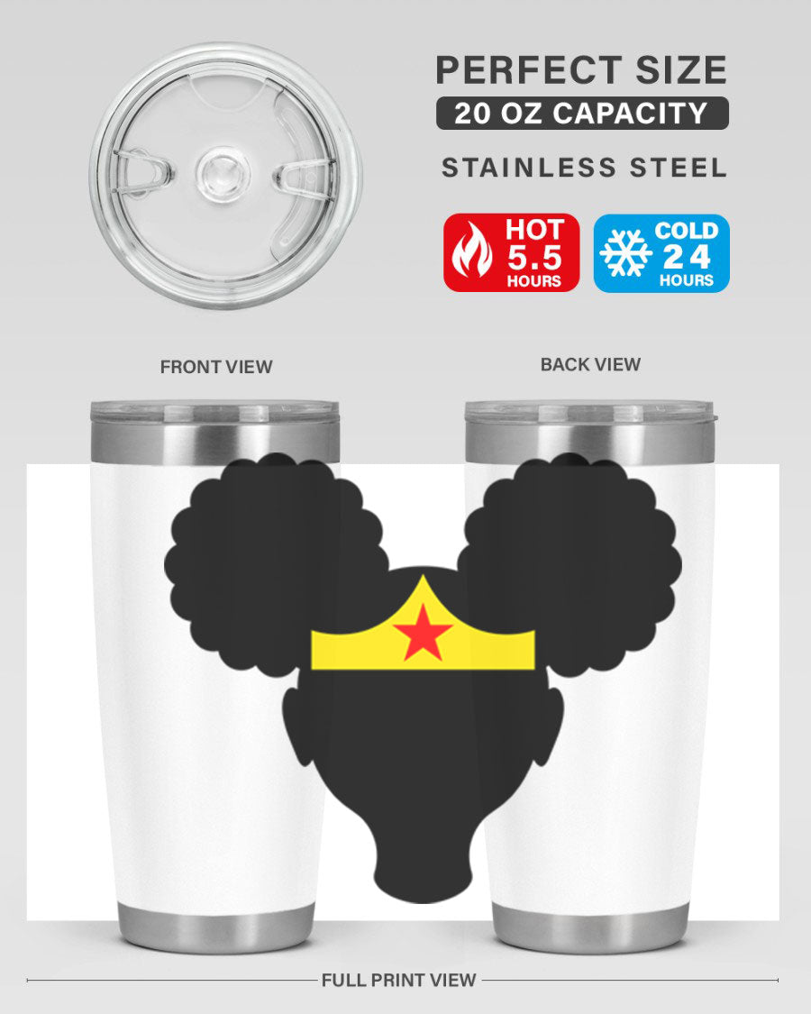 Afro Puffs Girl Wonder Woman 78# Tumbler showcasing vibrant design and stainless steel construction, perfect for hot and cold beverages.