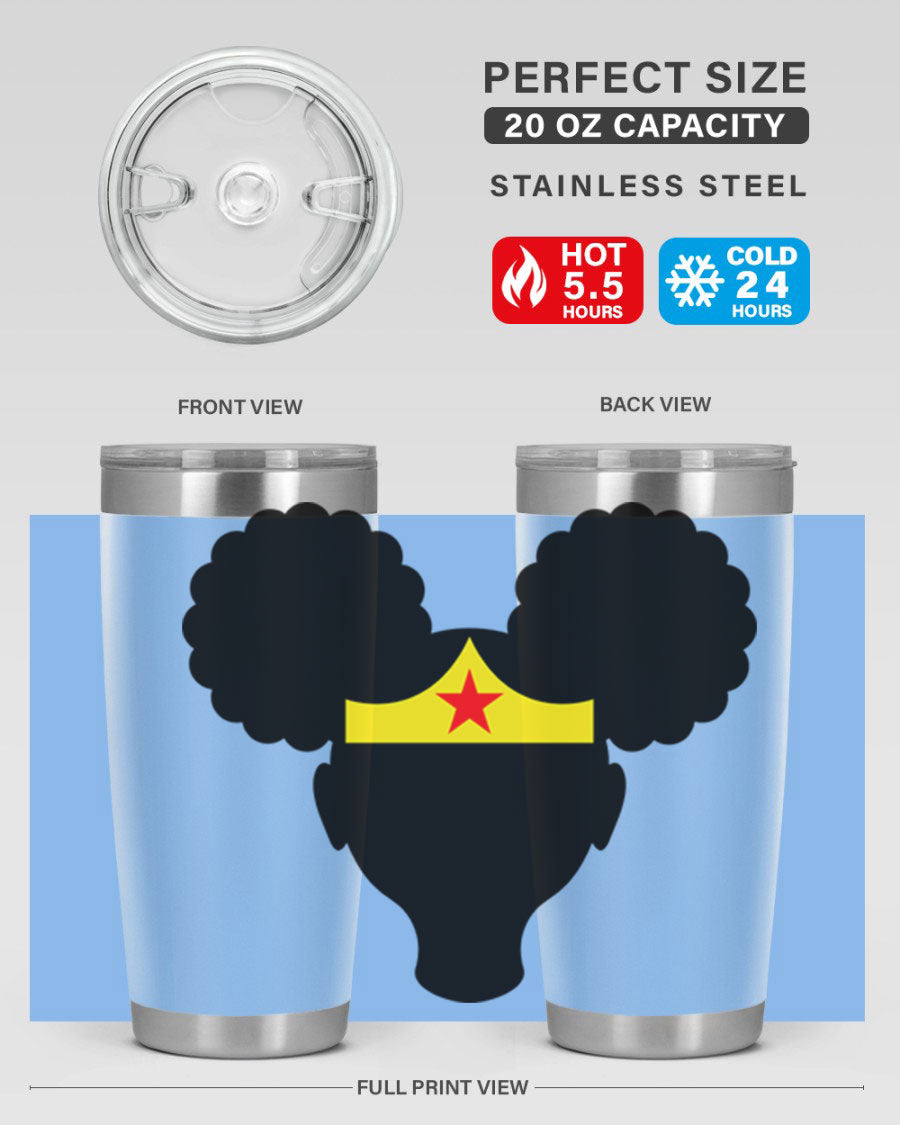 Afro Puffs Girl Wonder Woman 78# Tumbler showcasing vibrant design and stainless steel construction, perfect for hot and cold beverages.