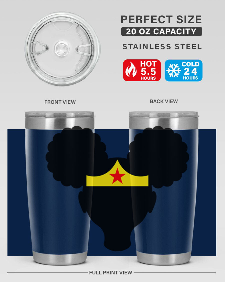 Afro Puffs Girl Wonder Woman 78# Tumbler showcasing vibrant design and stainless steel construction, perfect for hot and cold beverages.