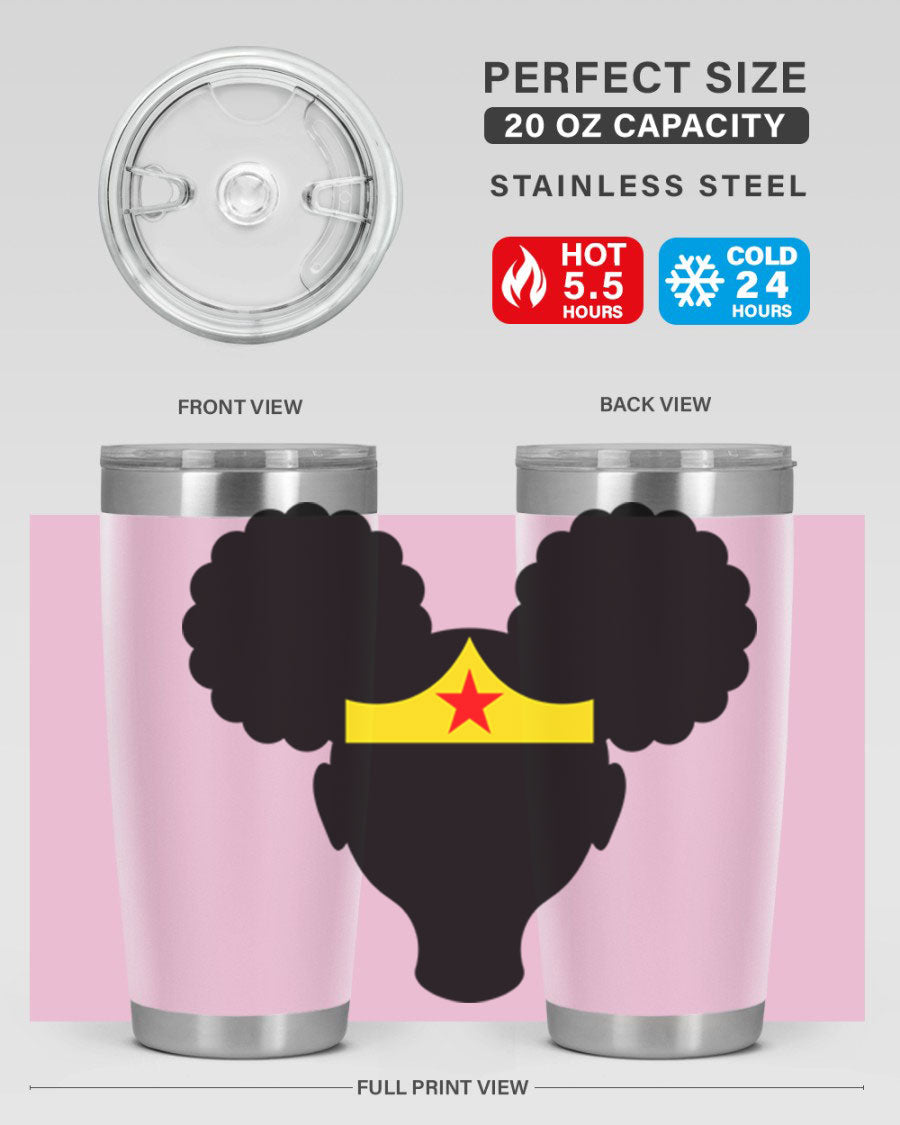 Afro Puffs Girl Wonder Woman 78# Tumbler showcasing vibrant design and stainless steel construction, perfect for hot and cold beverages.