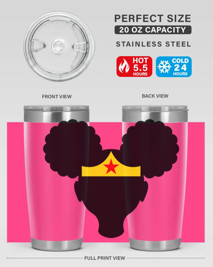 Afro Puffs Girl Wonder Woman 78# Tumbler showcasing vibrant design and stainless steel construction, perfect for hot and cold beverages.