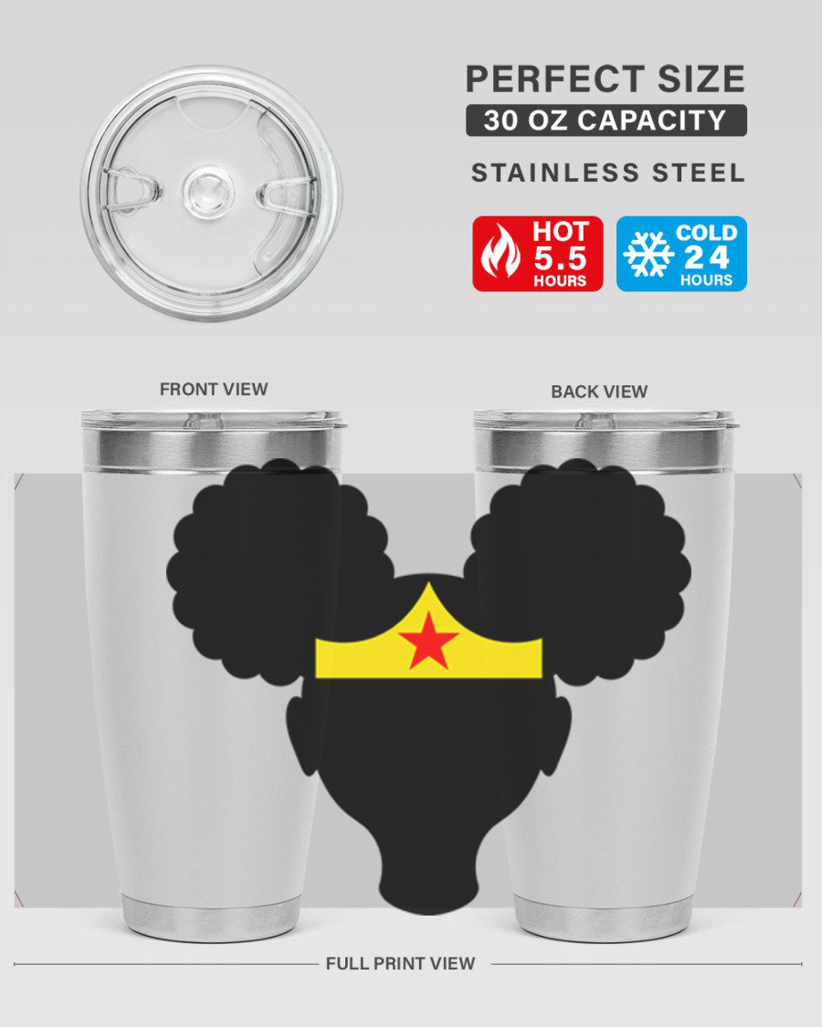Afro Puffs Girl Wonder Woman 78# Tumbler showcasing vibrant design and stainless steel construction, perfect for hot and cold beverages.