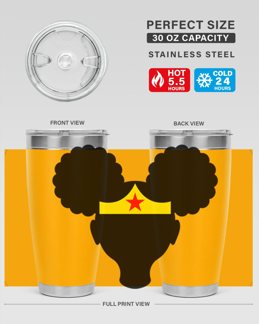 Afro Puffs Girl Wonder Woman 78# Tumbler showcasing vibrant design and stainless steel construction, perfect for hot and cold beverages.
