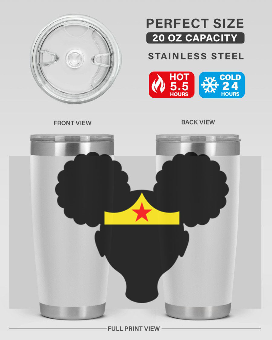 Afro Puffs Girl Wonder Woman 78# Tumbler showcasing vibrant design and stainless steel construction, perfect for hot and cold beverages.