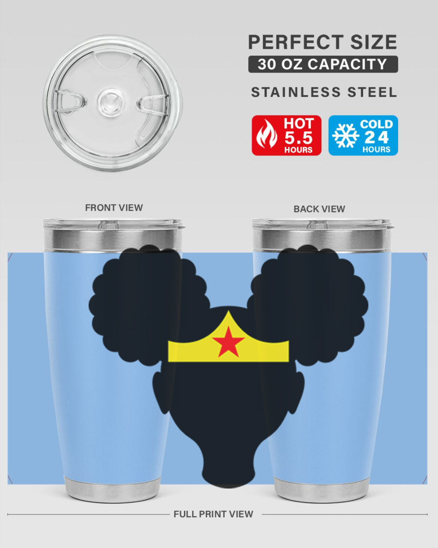 Afro Puffs Girl Wonder Woman 78# Tumbler showcasing vibrant design and stainless steel construction, perfect for hot and cold beverages.