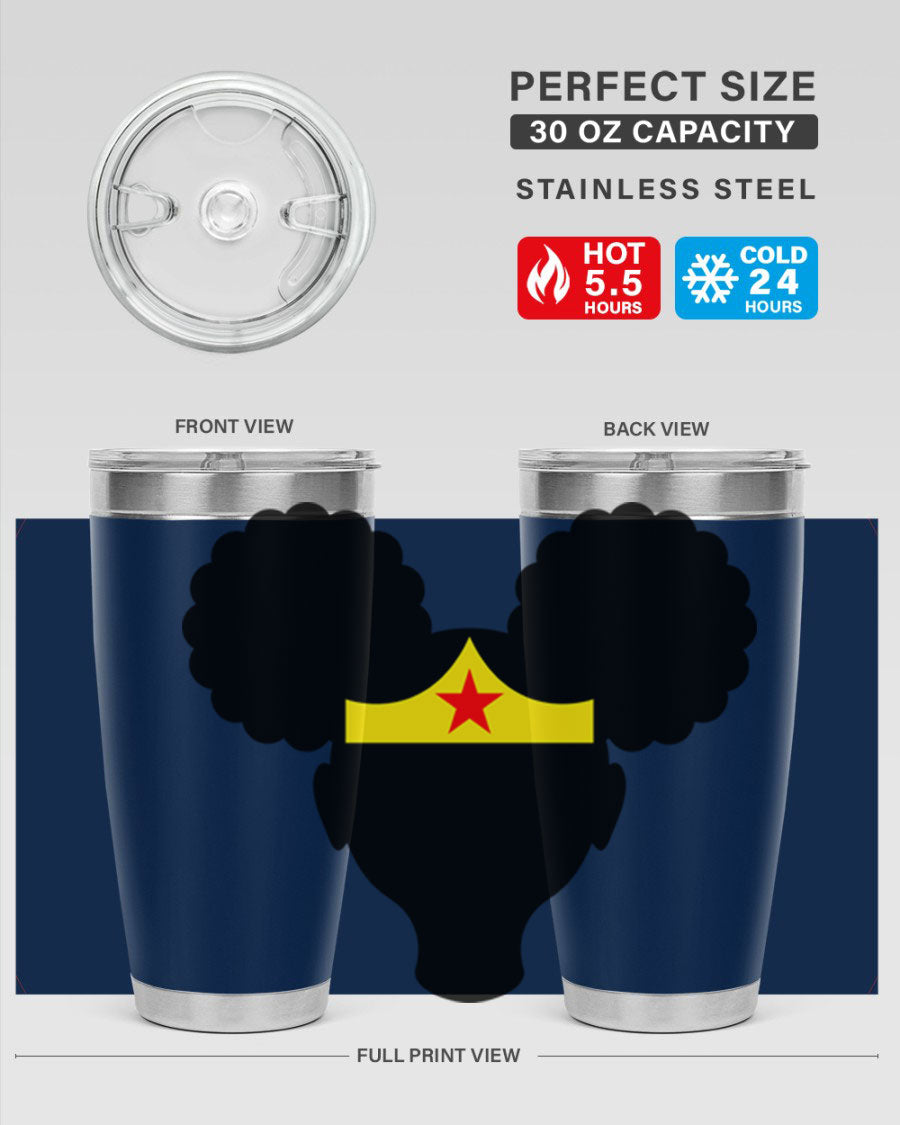 Afro Puffs Girl Wonder Woman 78# Tumbler showcasing vibrant design and stainless steel construction, perfect for hot and cold beverages.